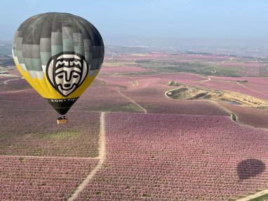 Vol en globus sobre fruiters florits