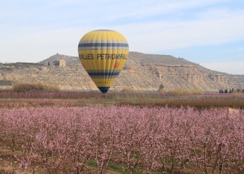 Vol en globus sobre arbres florits al Segrià